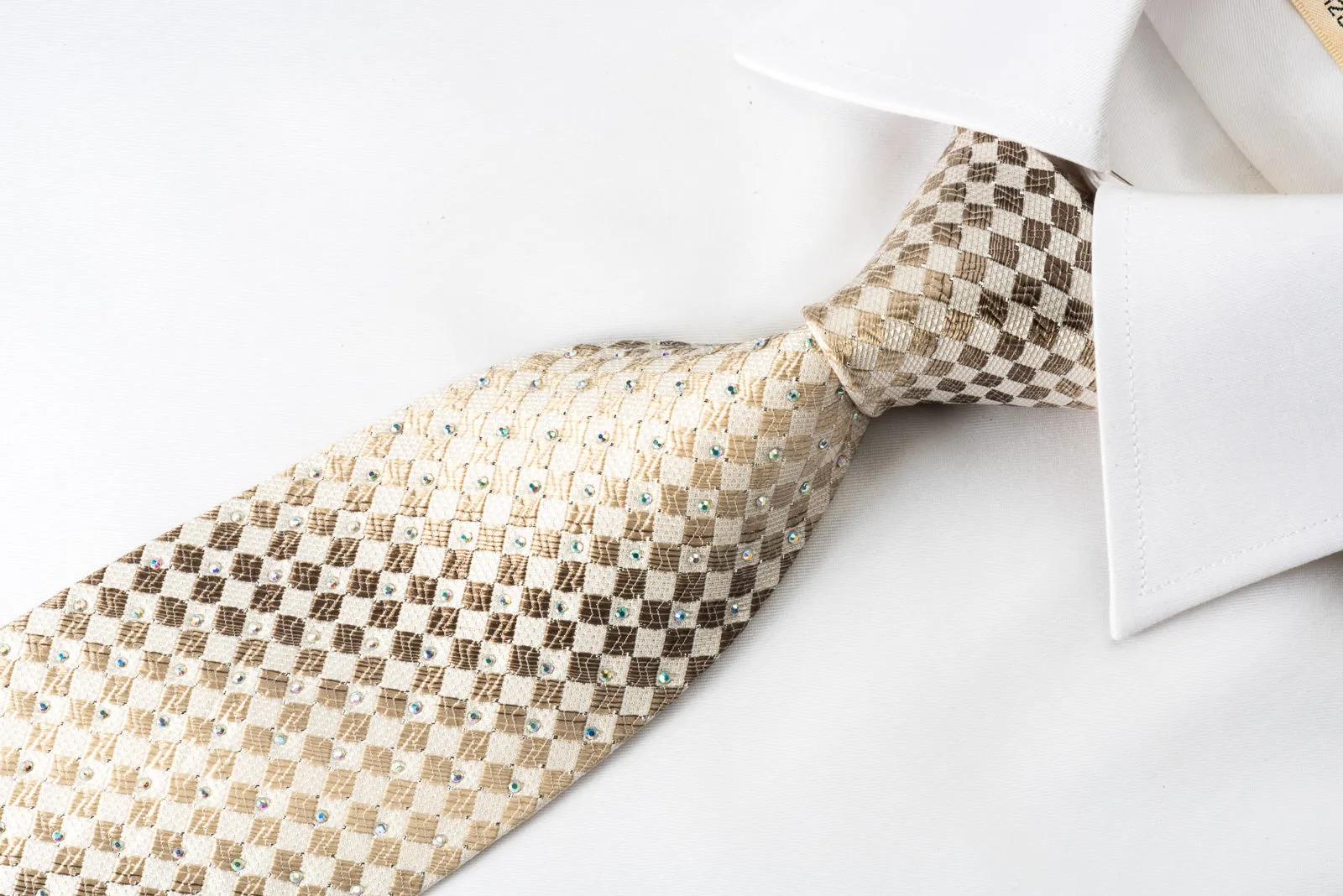Guy Laroche Silk Rhinestone Necktie Brown Checker On Beige With Silver Sparkles