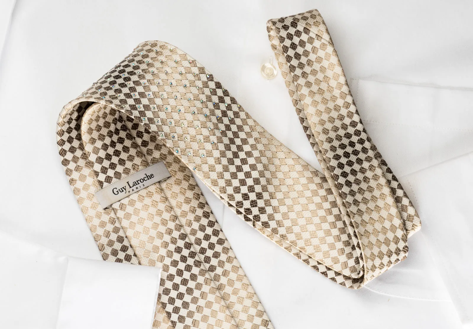 Guy Laroche Silk Rhinestone Necktie Brown Checker On Beige With Silver Sparkles