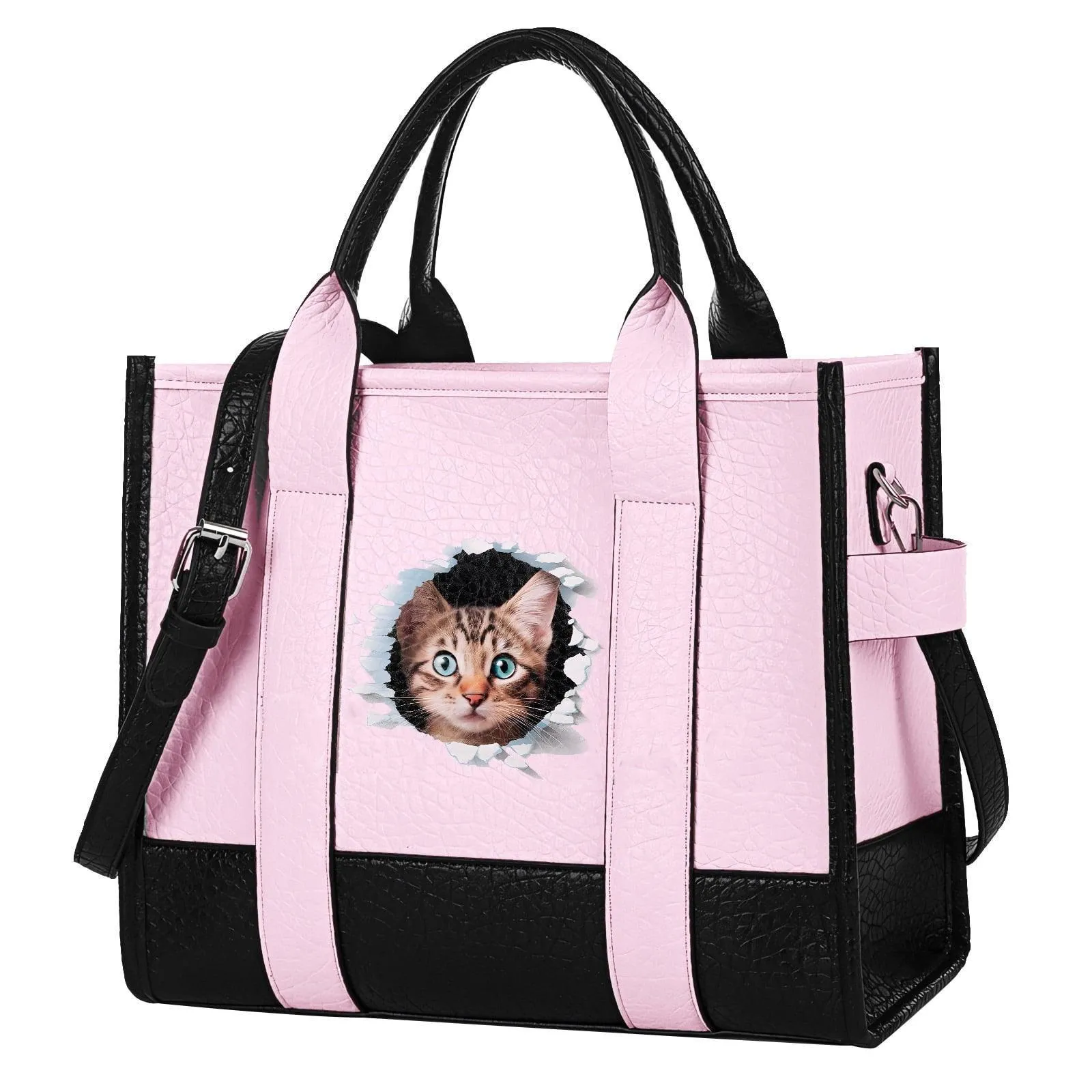 GYUEE The Tote Bag,Leather Pink Cute Cat Leisure Bags with Zipper,Medium Shopping School Handbags for Women