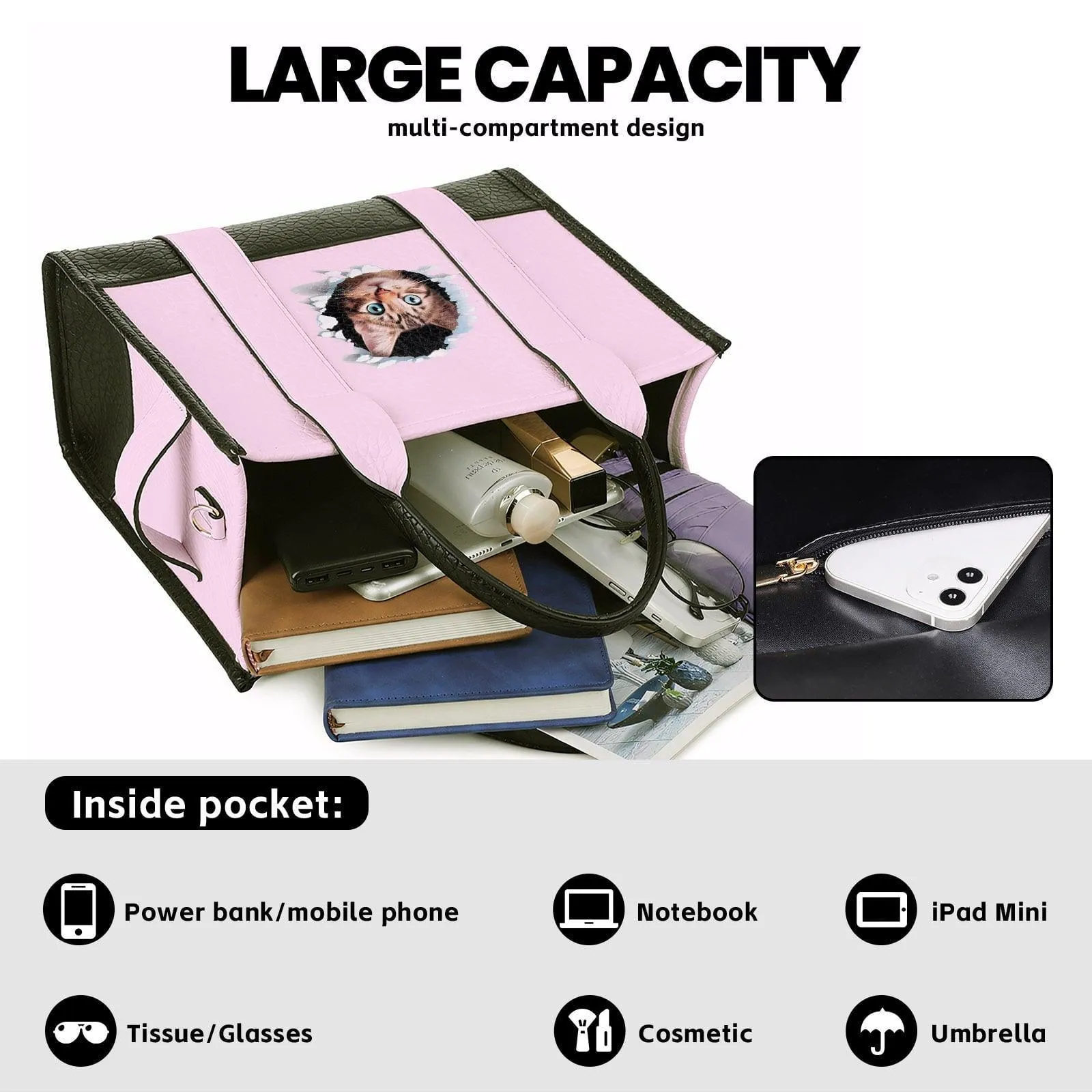 GYUEE The Tote Bag,Leather Pink Cute Cat Leisure Bags with Zipper,Medium Shopping School Handbags for Women
