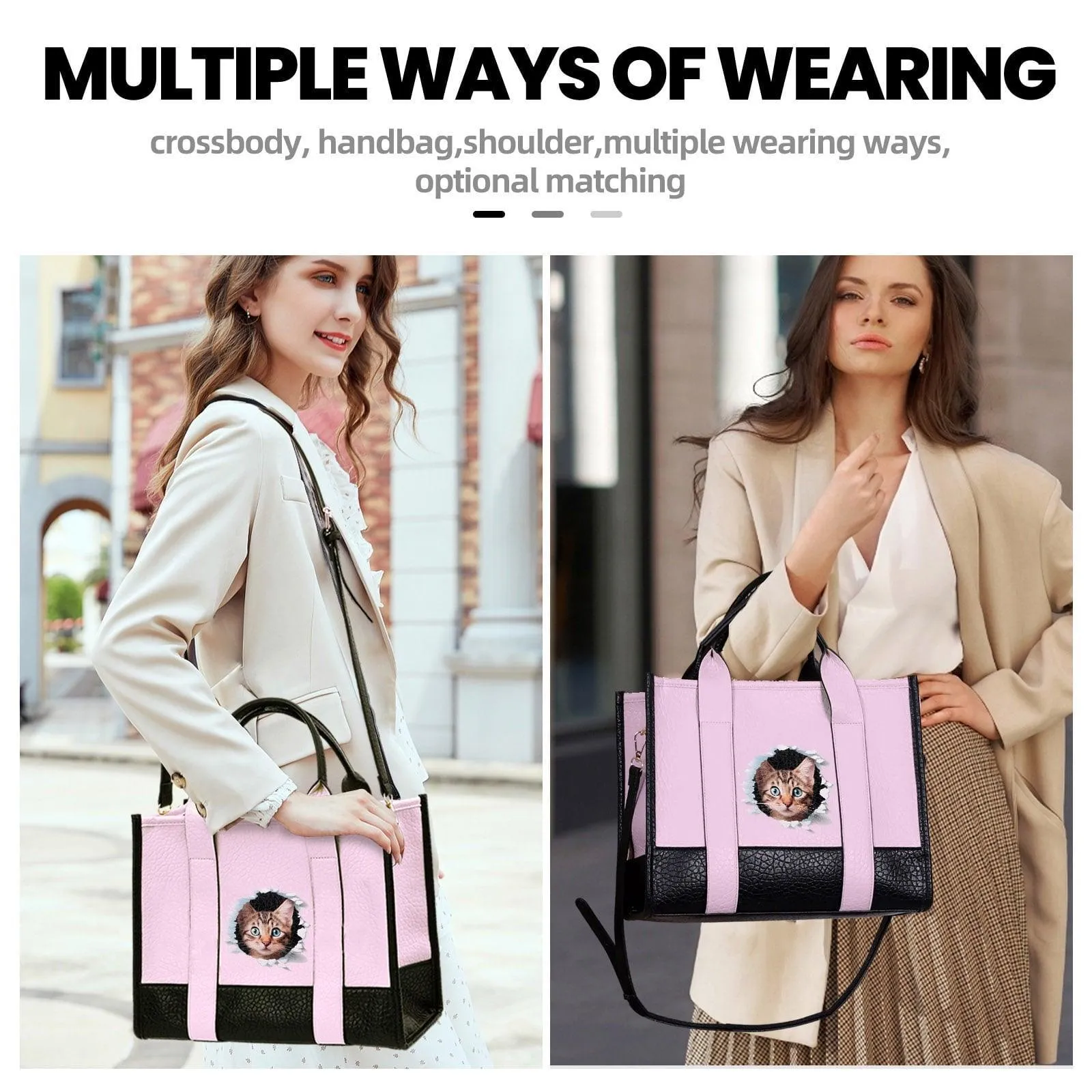 GYUEE The Tote Bag,Leather Pink Cute Cat Leisure Bags with Zipper,Medium Shopping School Handbags for Women