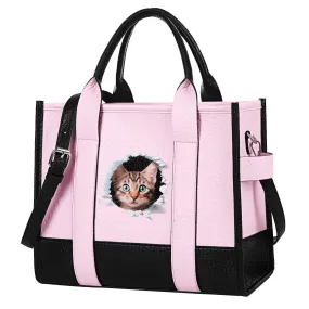 GYUEE The Tote Bag,Leather Pink Cute Cat Leisure Bags with Zipper,Medium Shopping School Handbags for Women