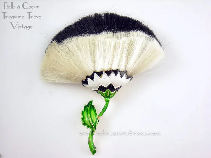Hattie Carnegie Mod 1960s Black and White Fiber Enamel Flower Brooch and Tassel Earrings