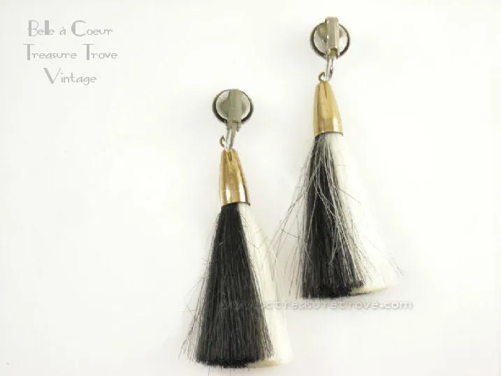 Hattie Carnegie Mod 1960s Black and White Fiber Enamel Flower Brooch and Tassel Earrings