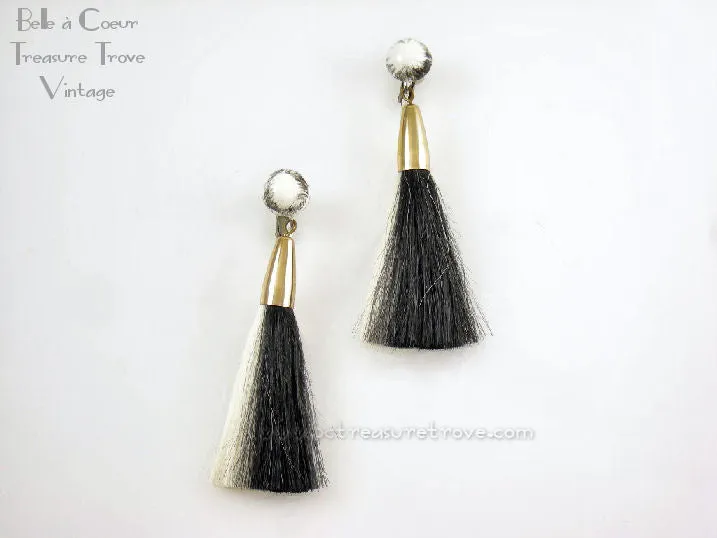 Hattie Carnegie Mod 1960s Black and White Fiber Enamel Flower Brooch and Tassel Earrings