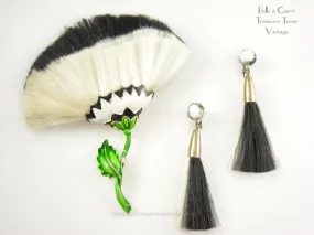 Hattie Carnegie Mod 1960s Black and White Fiber Enamel Flower Brooch and Tassel Earrings