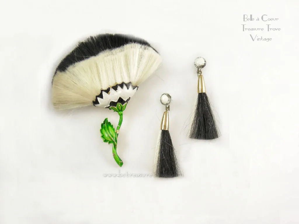 Hattie Carnegie Mod 1960s Black and White Fiber Enamel Flower Brooch and Tassel Earrings