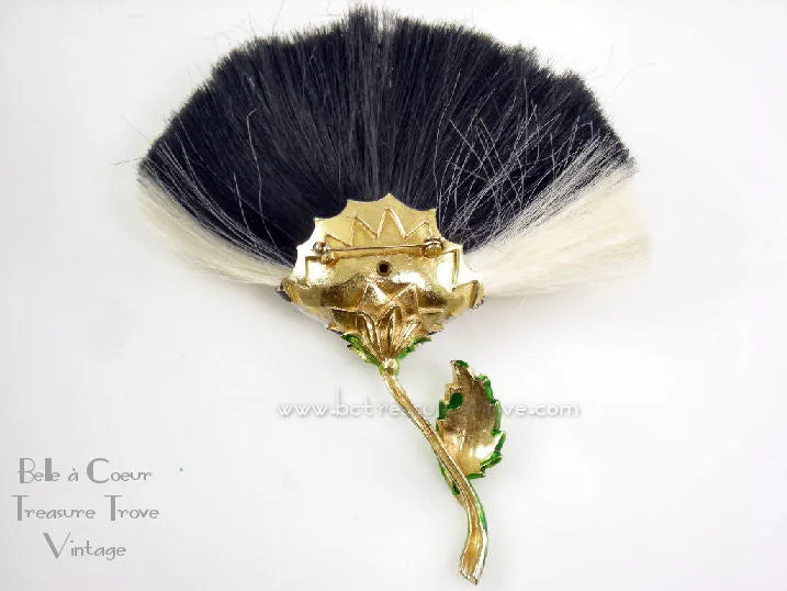 Hattie Carnegie Mod 1960s Black and White Fiber Enamel Flower Brooch and Tassel Earrings