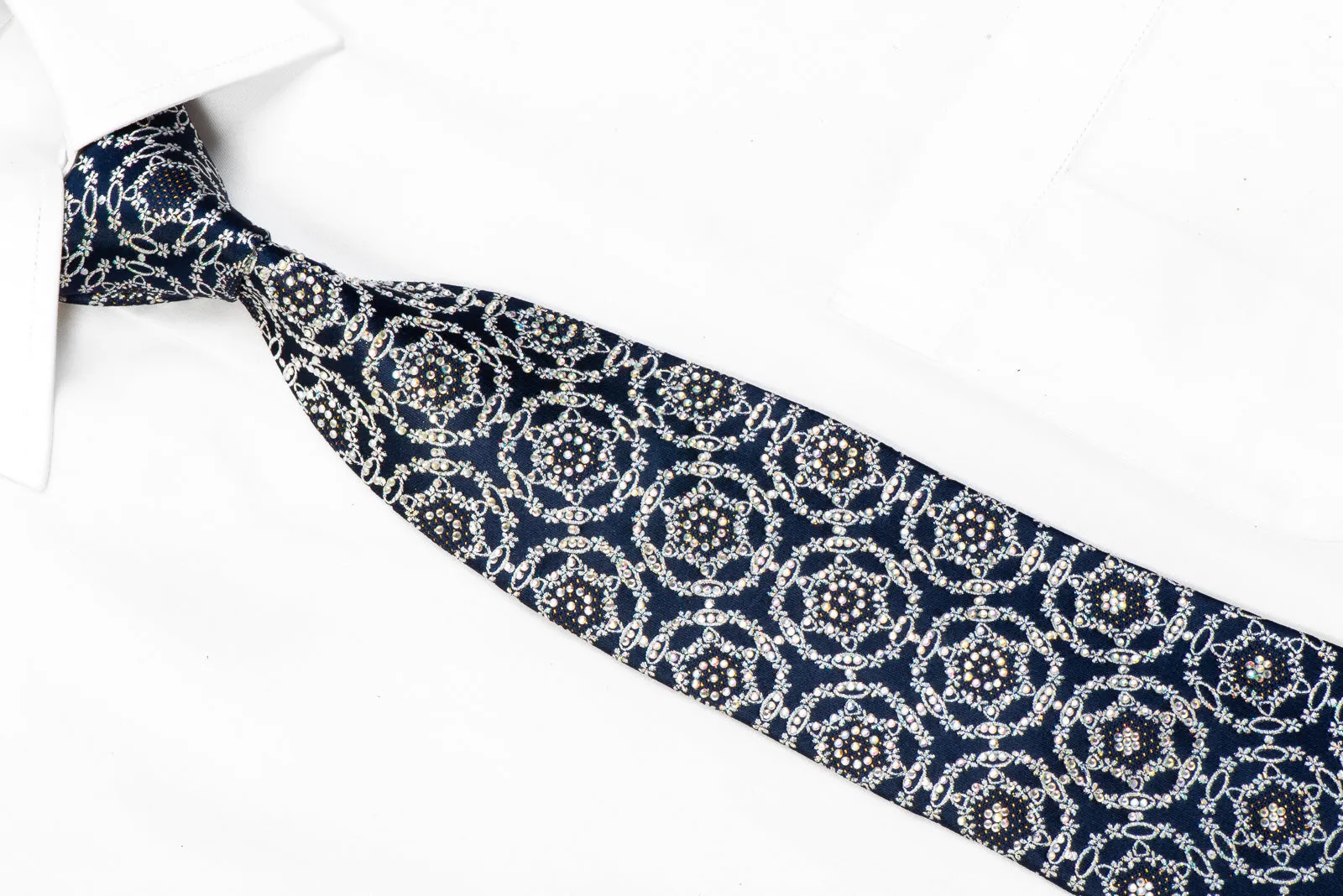 Herbon Men's Silk Rhinestone Necktie Silver medallions On Navy With Sparkles