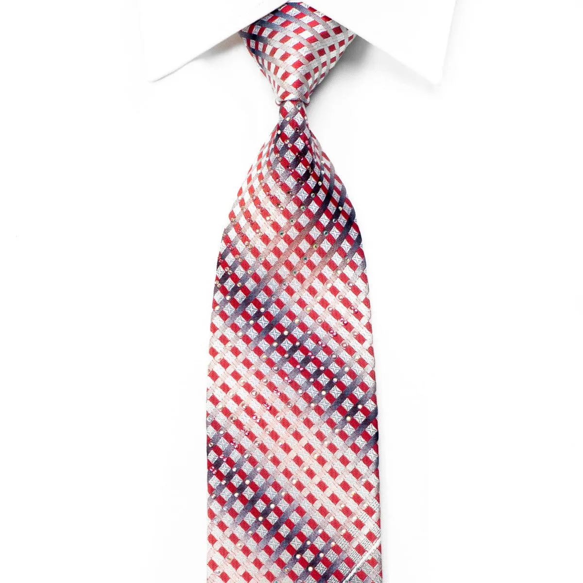 Indian Leaders Rhinestone Silk Necktie Burgundy Silver Geometric With Sparkles