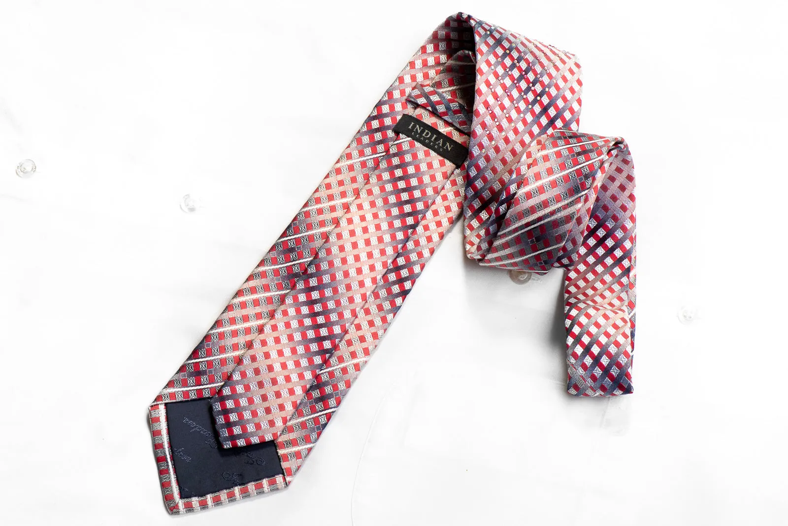 Indian Leaders Rhinestone Silk Necktie Burgundy Silver Geometric With Sparkles