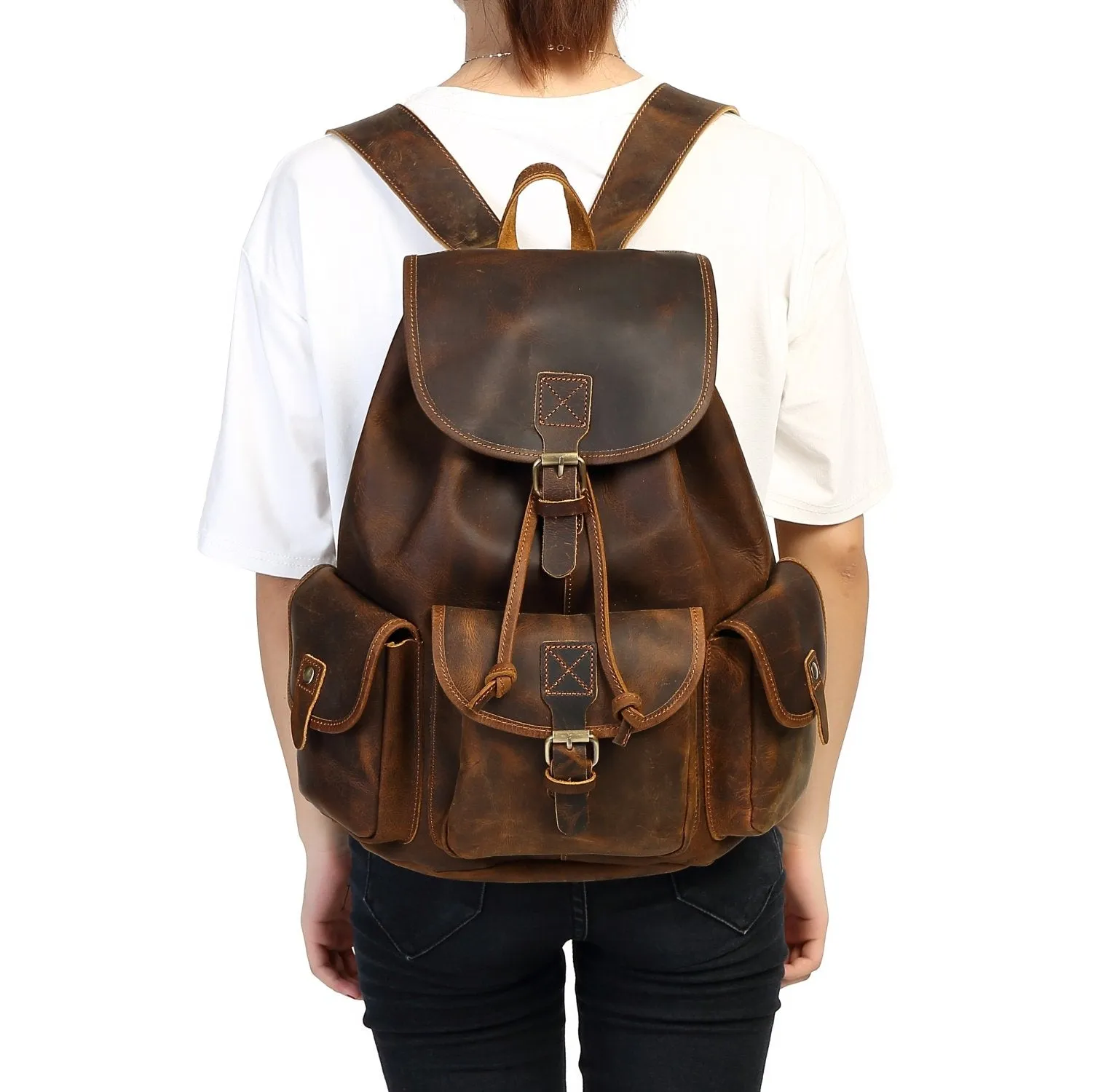 Kenox 16" Genuine Leather Laptop Backpack Vintage College School Bookbag (Brown)