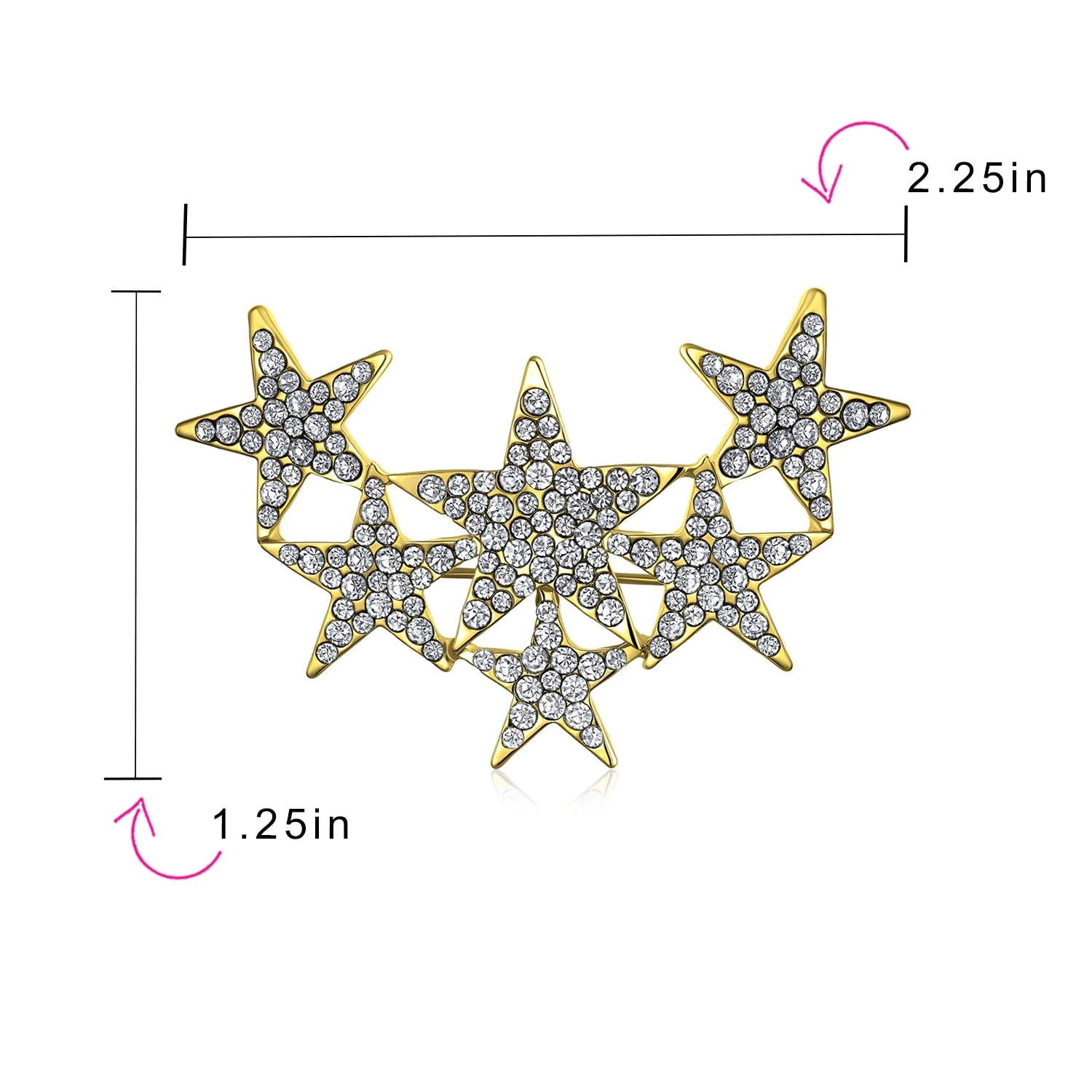 Large Statement Celestial Patriotic USA Rock Star Crystal Stars Brooche Pin SilverGold