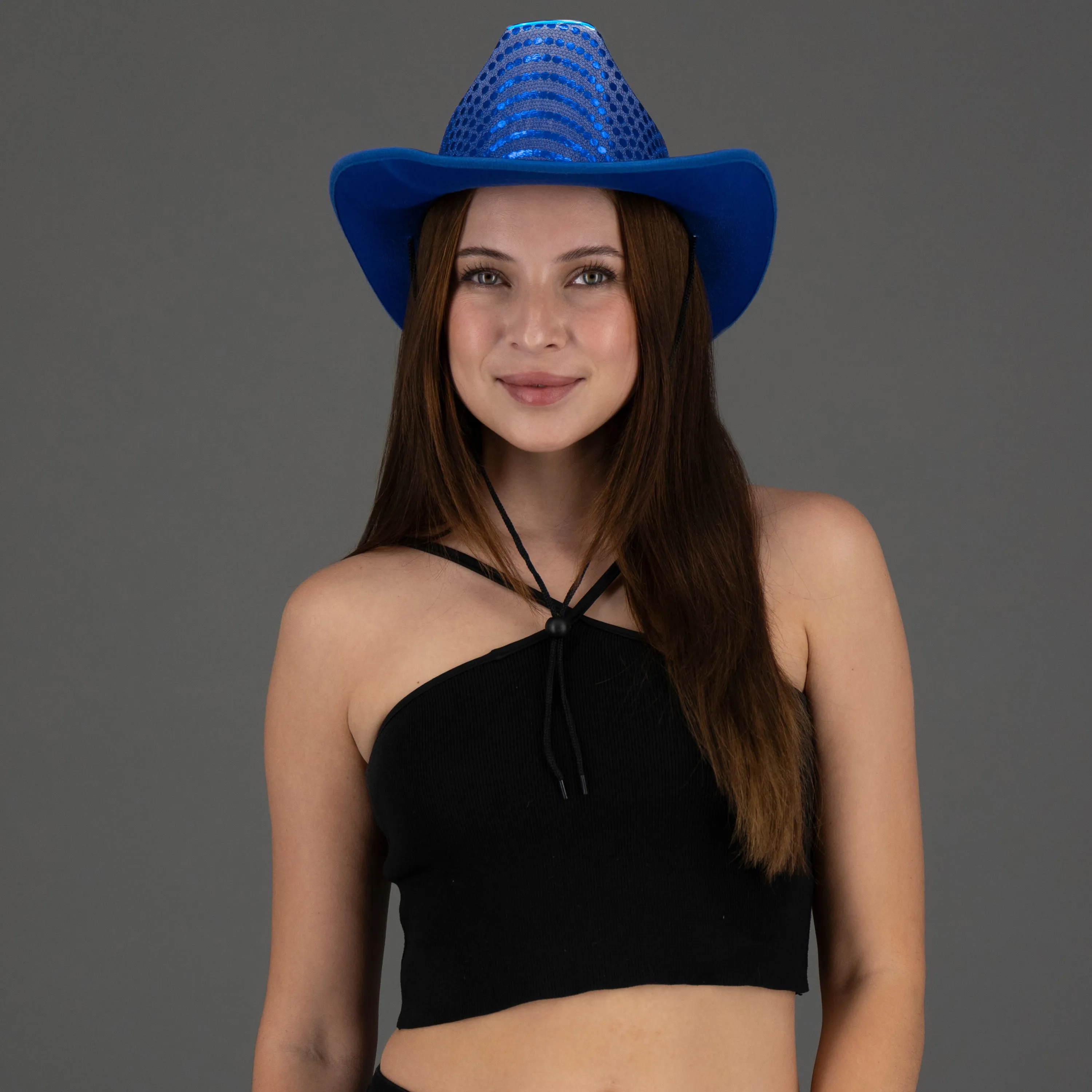 LED Flashing EL Wire Blue Sequin Cowboy Party Hat - Pack of 12 Hats