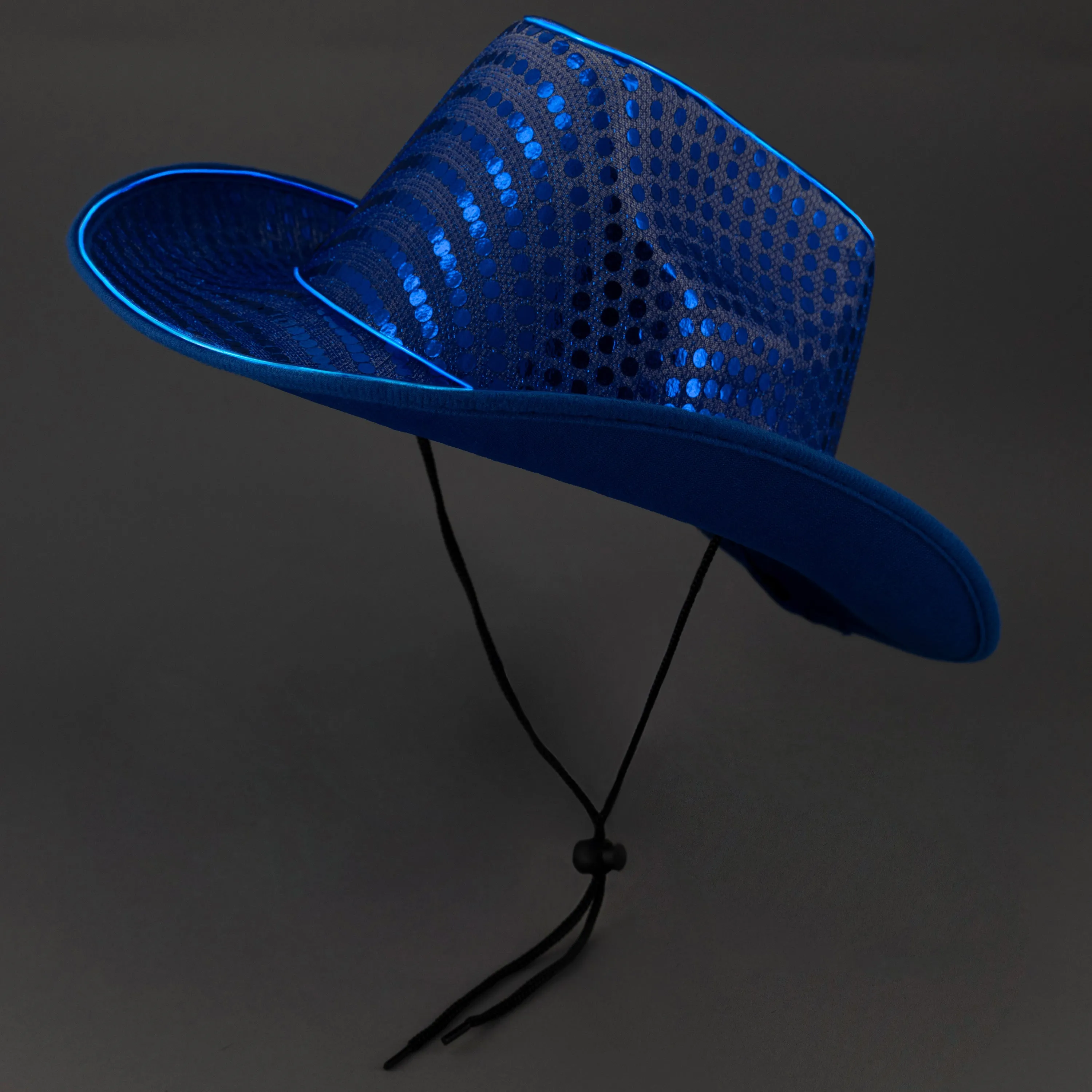LED Flashing EL Wire Blue Sequin Cowboy Party Hat - Pack of 12 Hats