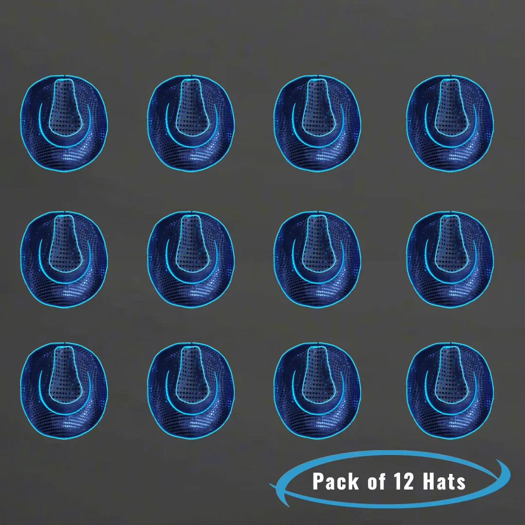 LED Flashing EL Wire Blue Sequin Cowboy Party Hat - Pack of 12 Hats