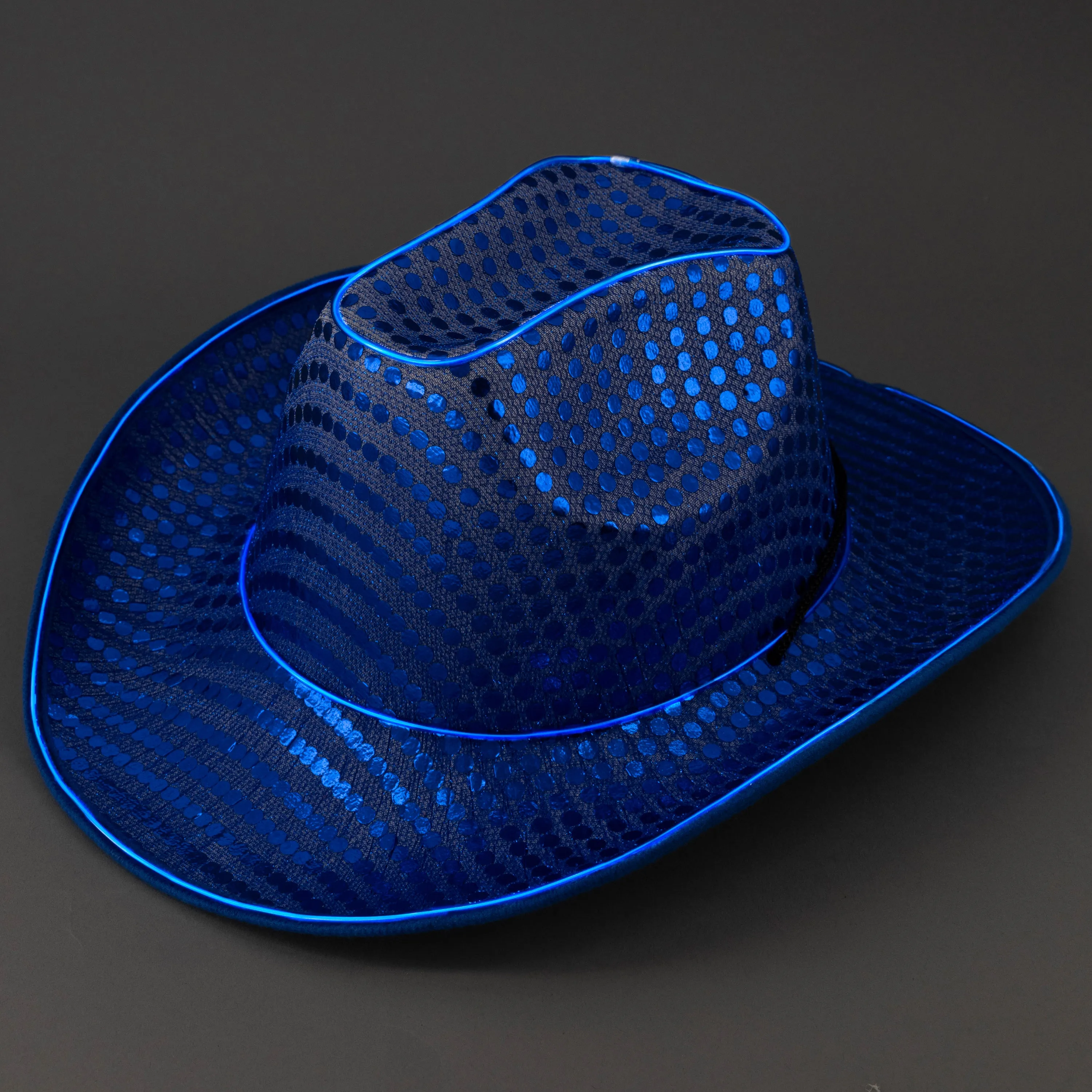 LED Flashing EL Wire Blue Sequin Cowboy Party Hat - Pack of 12 Hats