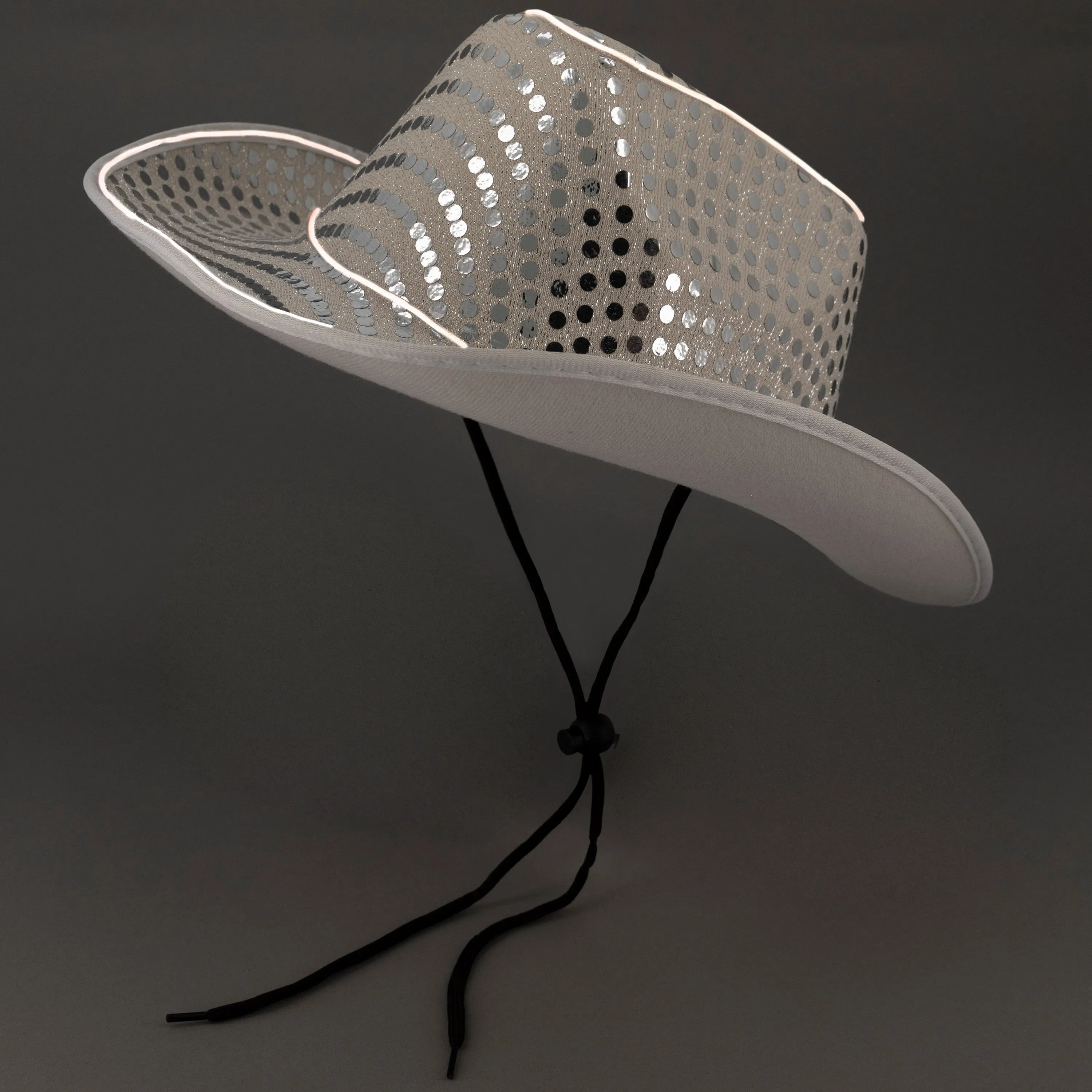LED Flashing EL Wire Sequin White Cowboy Party Hat - Pack of 2