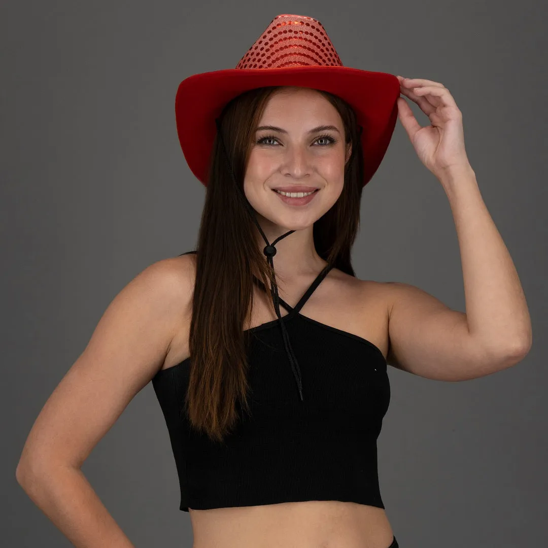 LED Flashing Red EL Wire Sequin Cowboy Party Hat - Pack of 3 Hats
