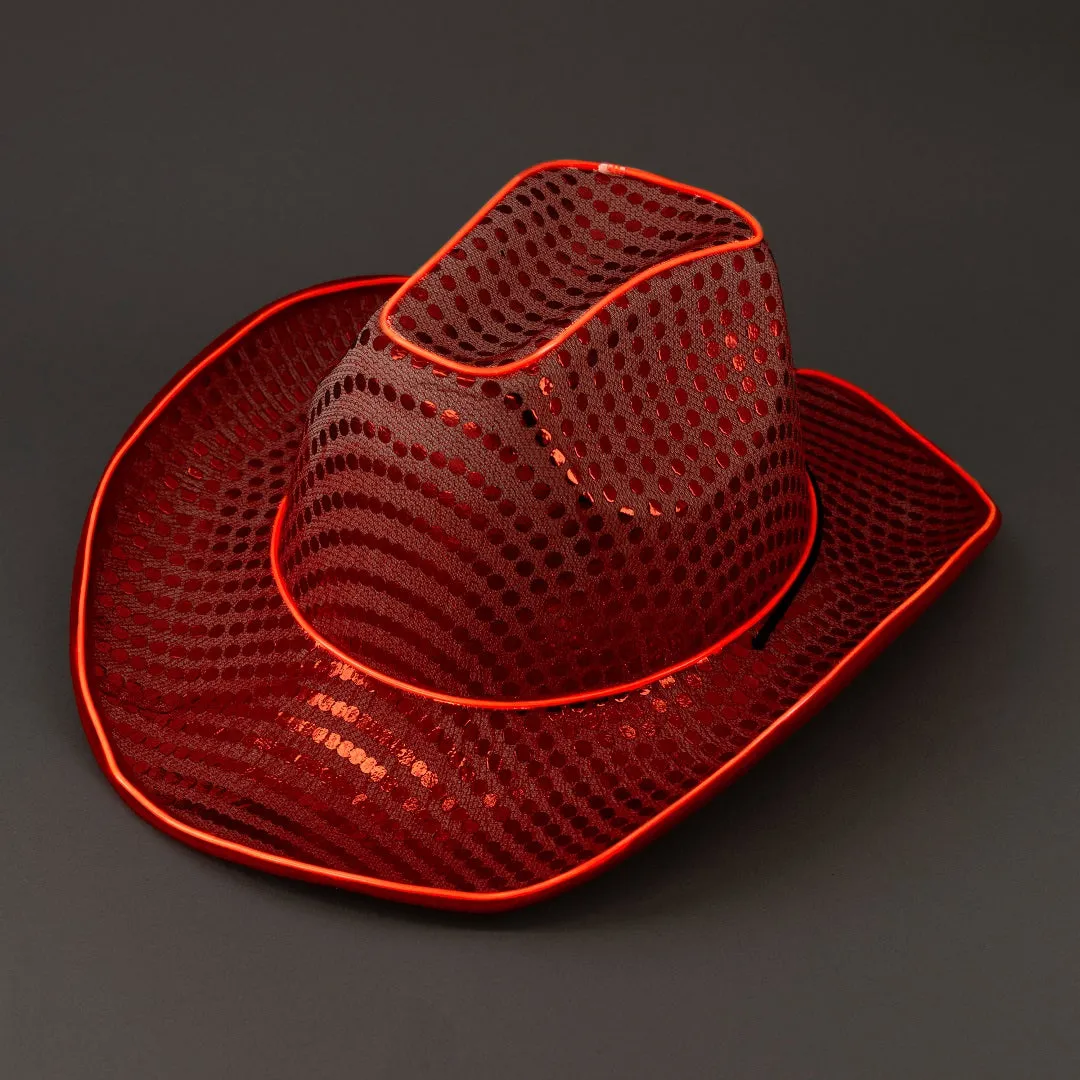 LED Flashing Red EL Wire Sequin Cowboy Party Hat - Pack of 3 Hats
