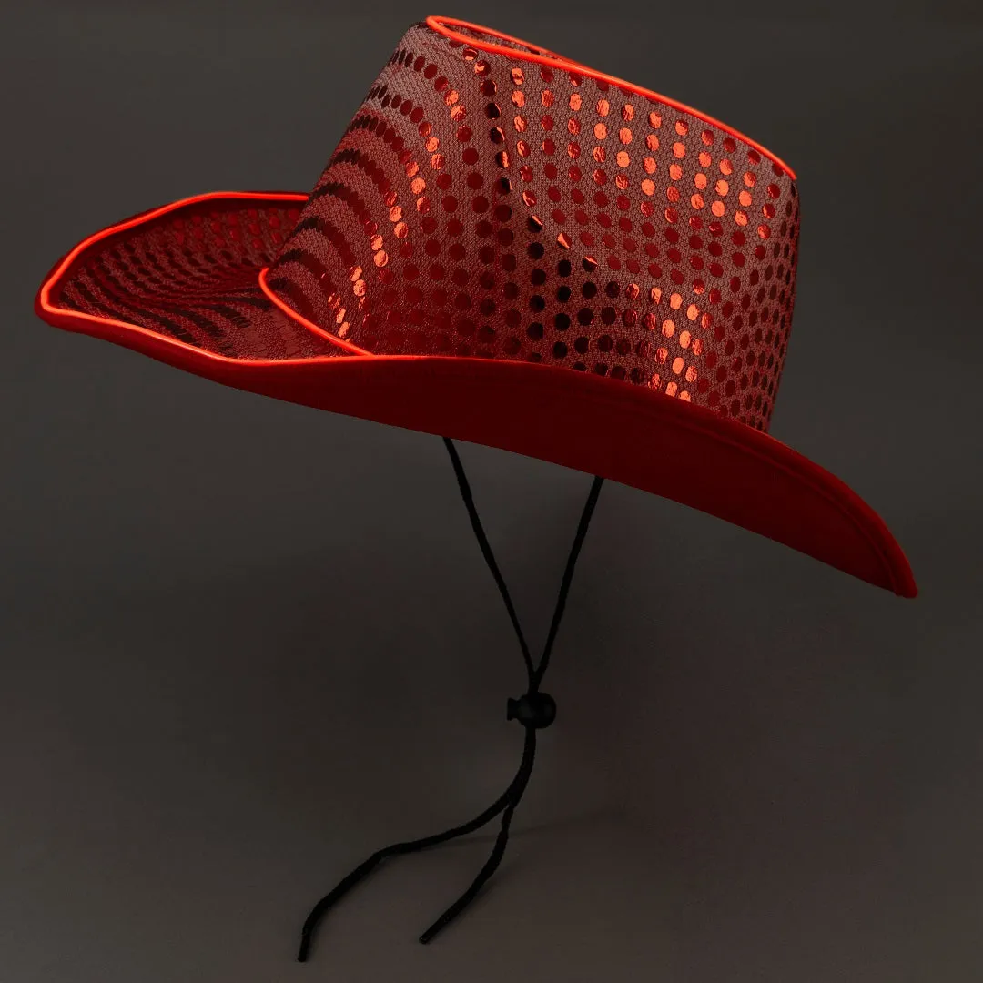 LED Flashing Red EL Wire Sequin Cowboy Party Hat - Pack of 3 Hats