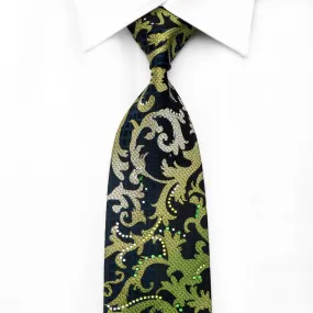 Leslie Vince Men's Crystal Rhinestone Necktie Green Acanthus On Navy With Silver Sparkles