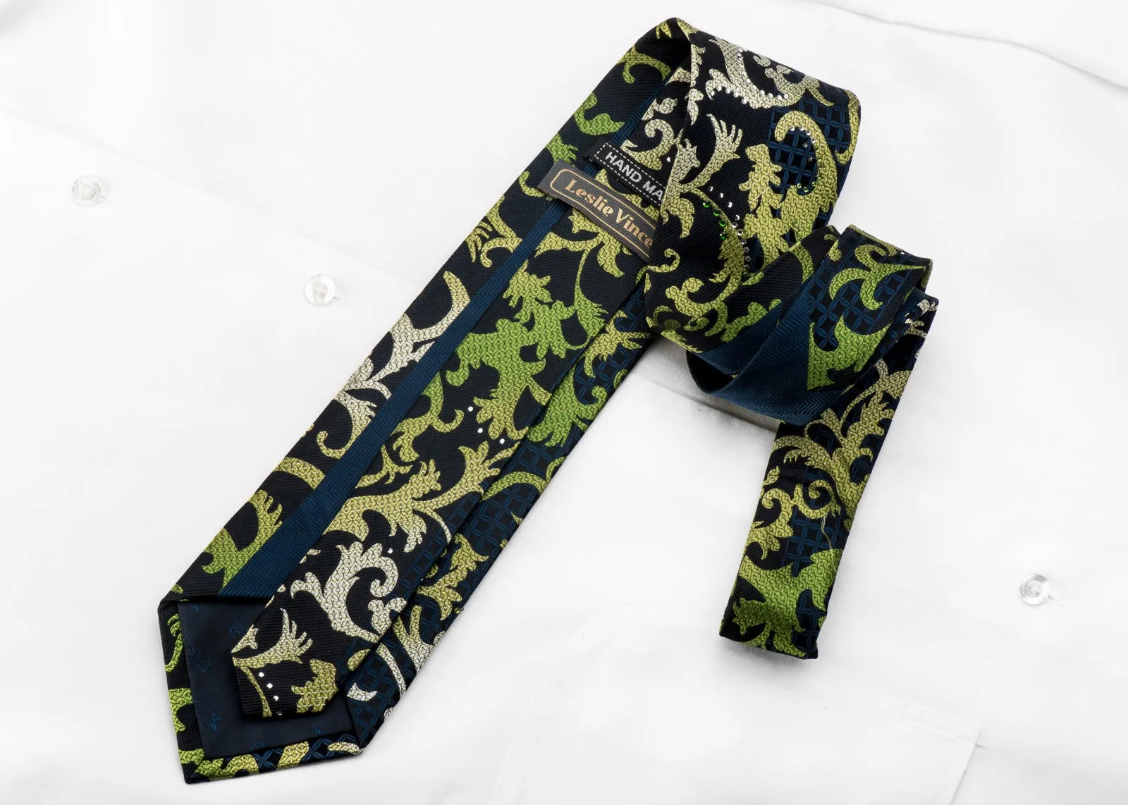 Leslie Vince Men's Crystal Rhinestone Necktie Green Acanthus On Navy With Silver Sparkles