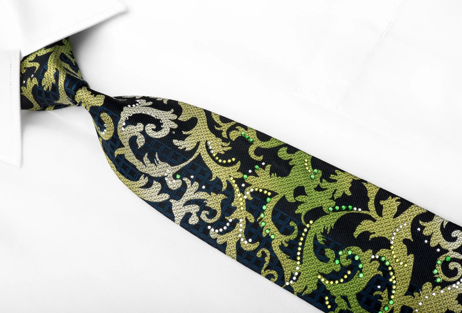 Leslie Vince Men's Crystal Rhinestone Necktie Green Acanthus On Navy With Silver Sparkles