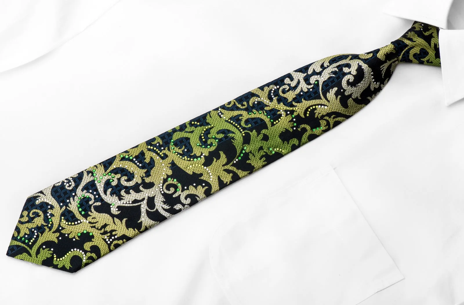 Leslie Vince Men's Crystal Rhinestone Necktie Green Acanthus On Navy With Silver Sparkles