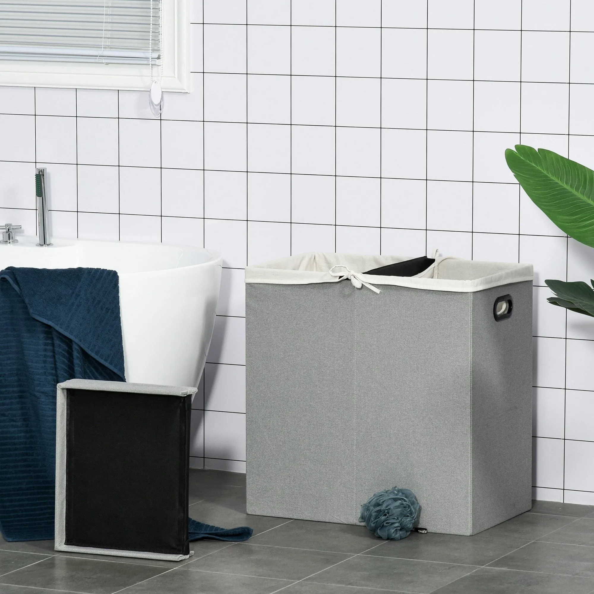 Linen Folding Laundry Basket, Hamper Bin with 2 Sections, Lid and Removable Liner and Handles, 115L Storage Capacity, Grey Clothes Dividers Lining