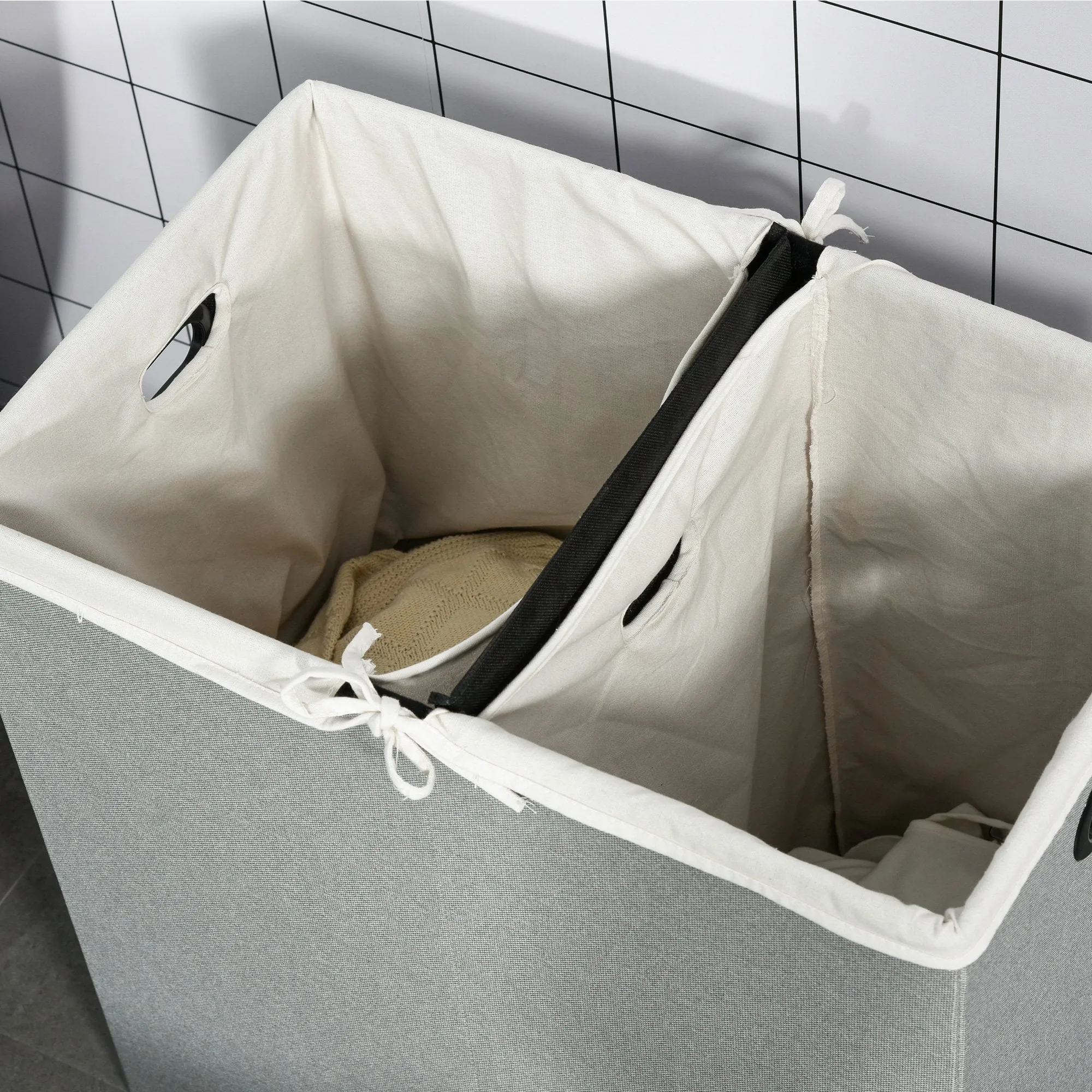 Linen Folding Laundry Basket, Hamper Bin with 2 Sections, Lid and Removable Liner and Handles, 115L Storage Capacity, Grey Clothes Dividers Lining