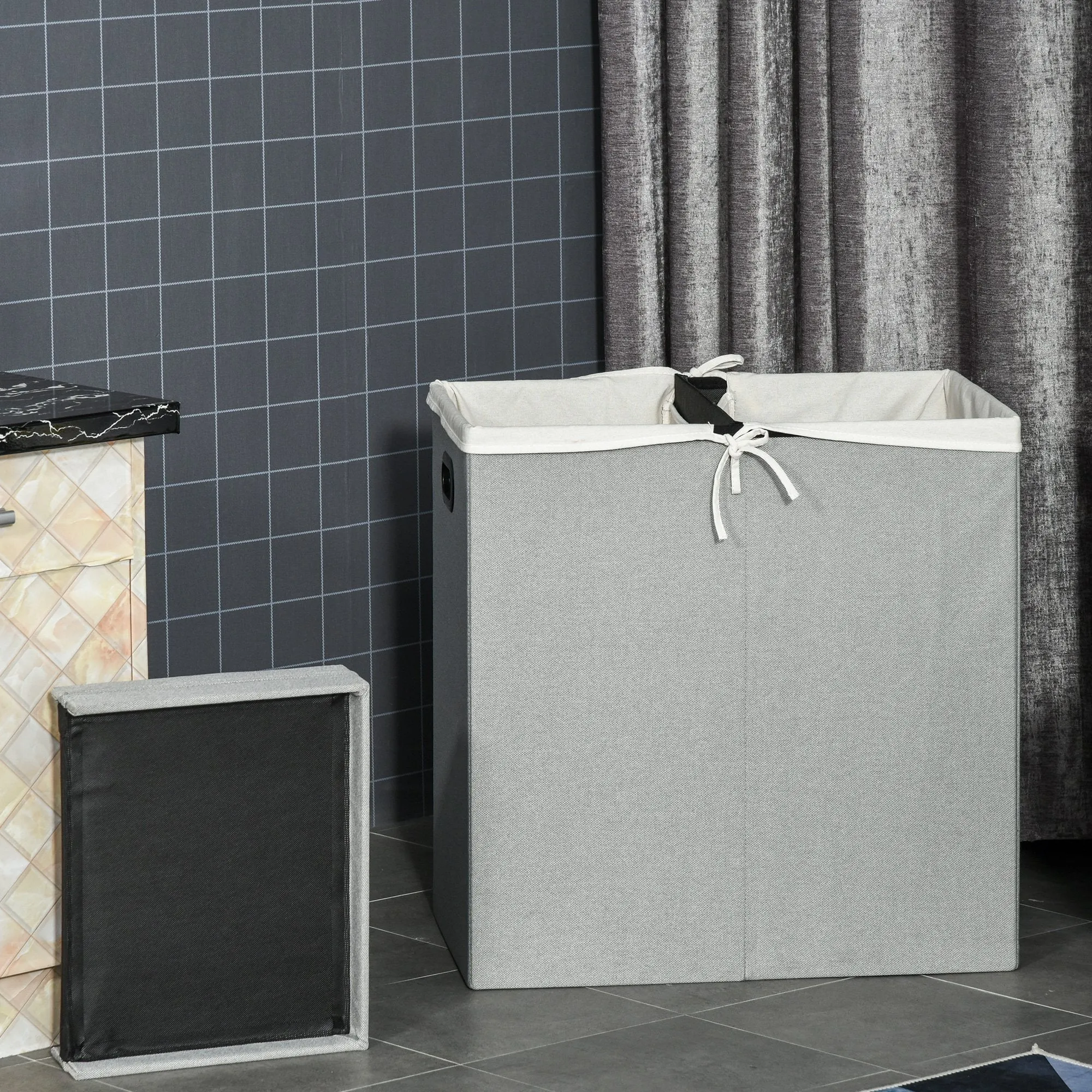 Linen Folding Laundry Basket, Hamper Bin with 2 Sections, Lid and Removable Liner and Handles, 115L Storage Capacity, Grey Clothes Dividers Lining