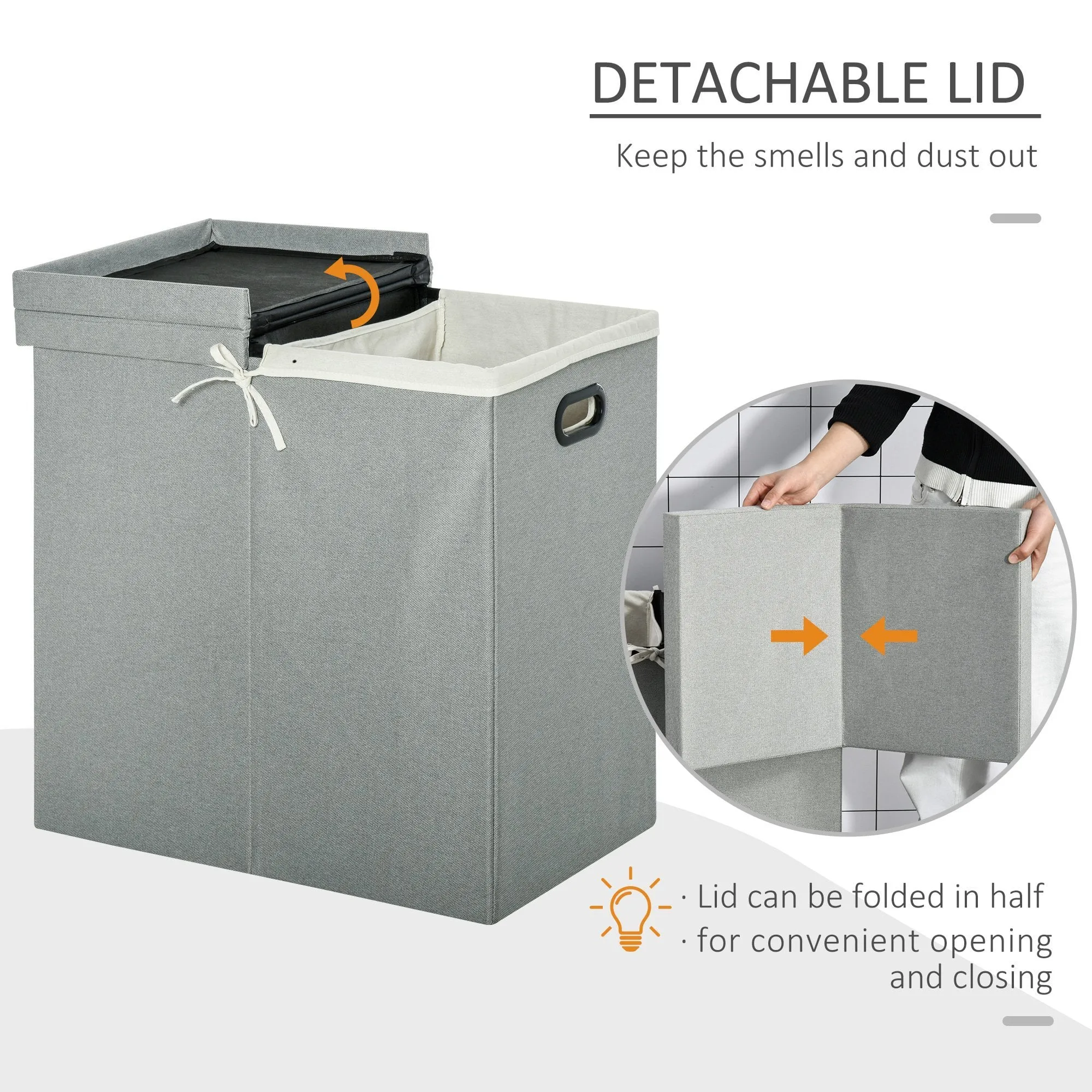 Linen Folding Laundry Basket, Hamper Bin with 2 Sections, Lid and Removable Liner and Handles, 115L Storage Capacity, Grey Clothes Dividers Lining