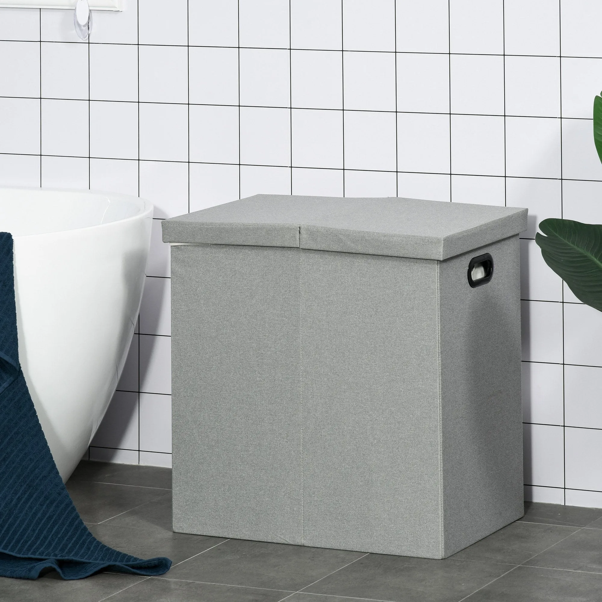 Linen Folding Laundry Basket, Hamper Bin with 2 Sections, Lid and Removable Liner and Handles, 115L Storage Capacity, Grey Clothes Dividers Lining
