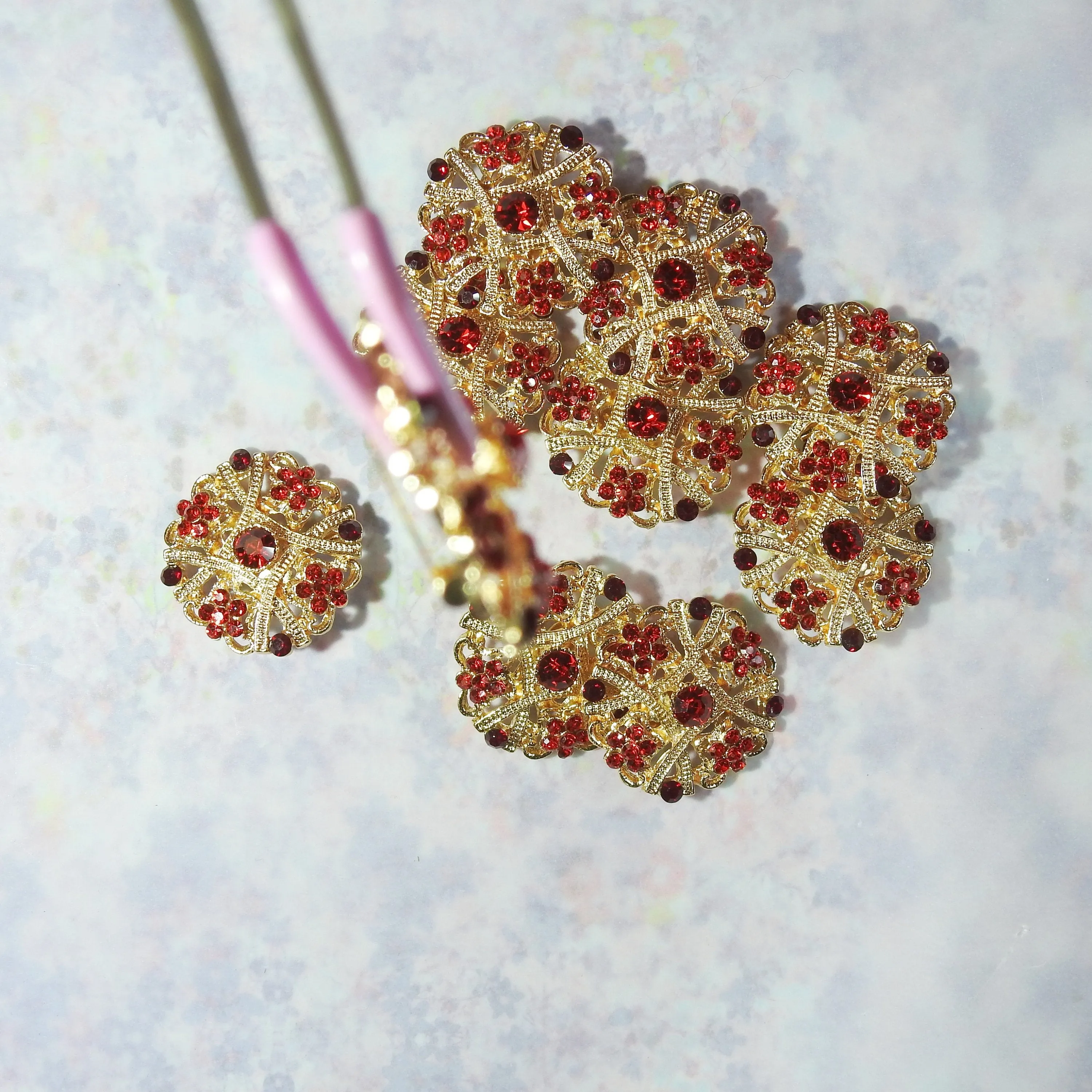 Lovely Set of 10 Red and Gold Brooches: Ideal for Jeweled Bouquets