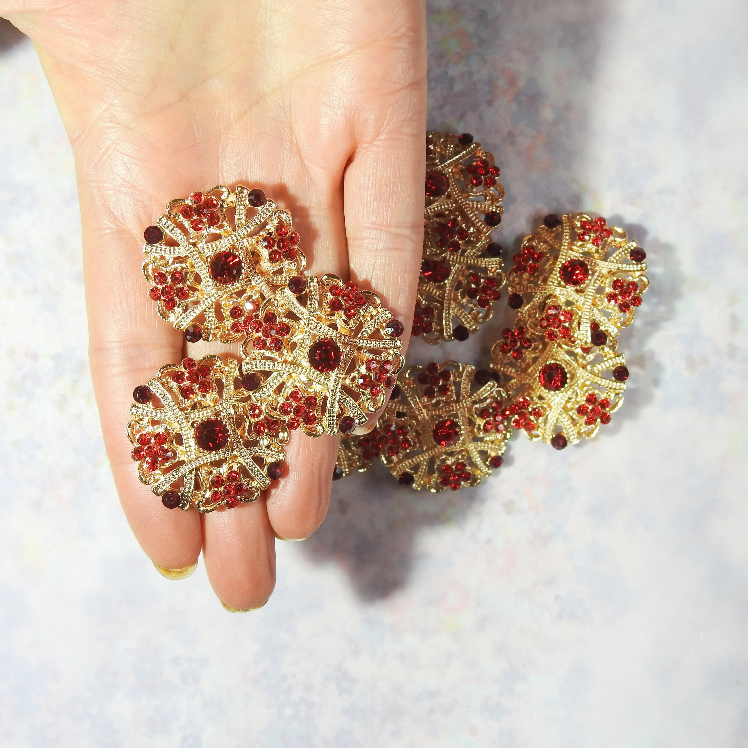 Lovely Set of 10 Red and Gold Brooches: Ideal for Jeweled Bouquets