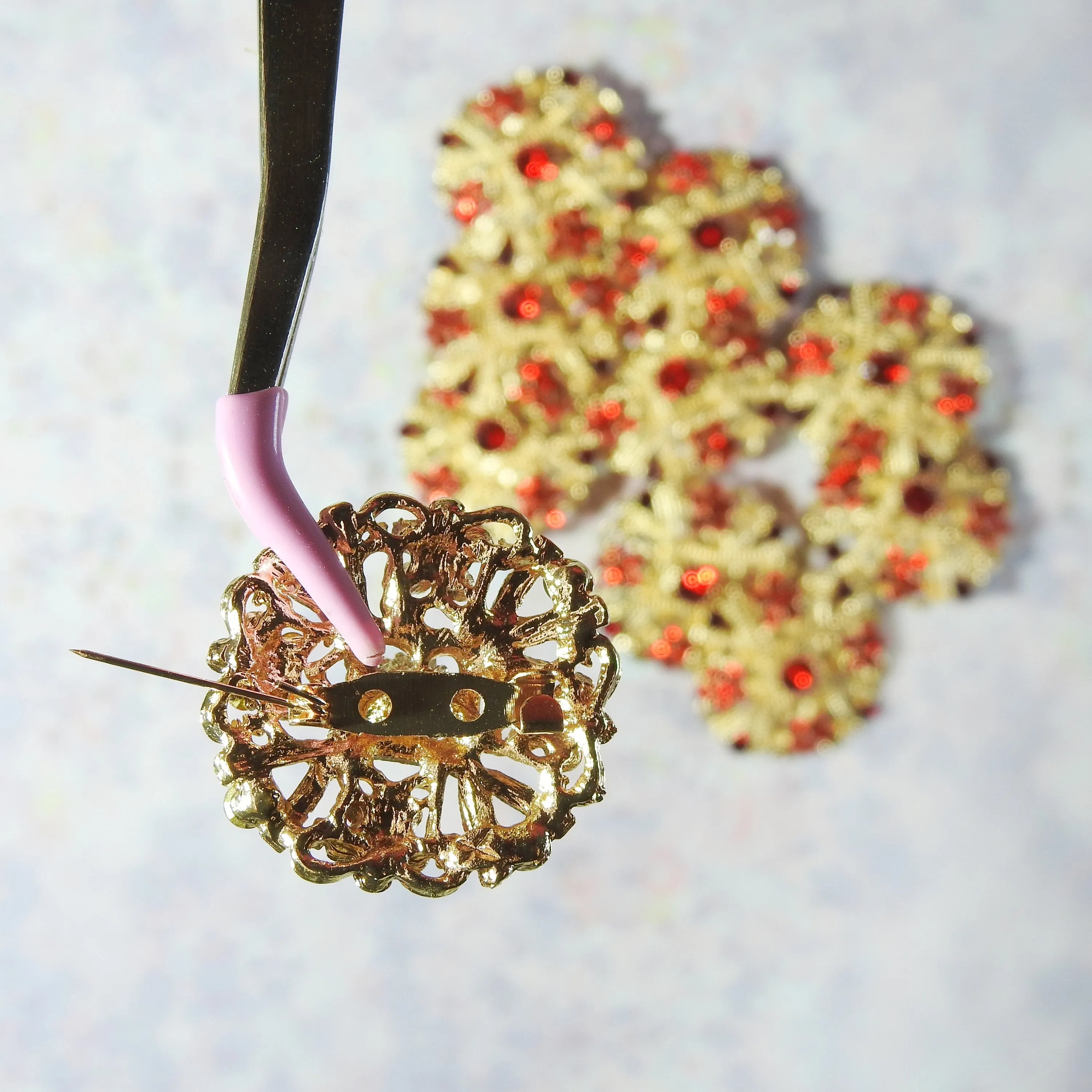 Lovely Set of 10 Red and Gold Brooches: Ideal for Jeweled Bouquets