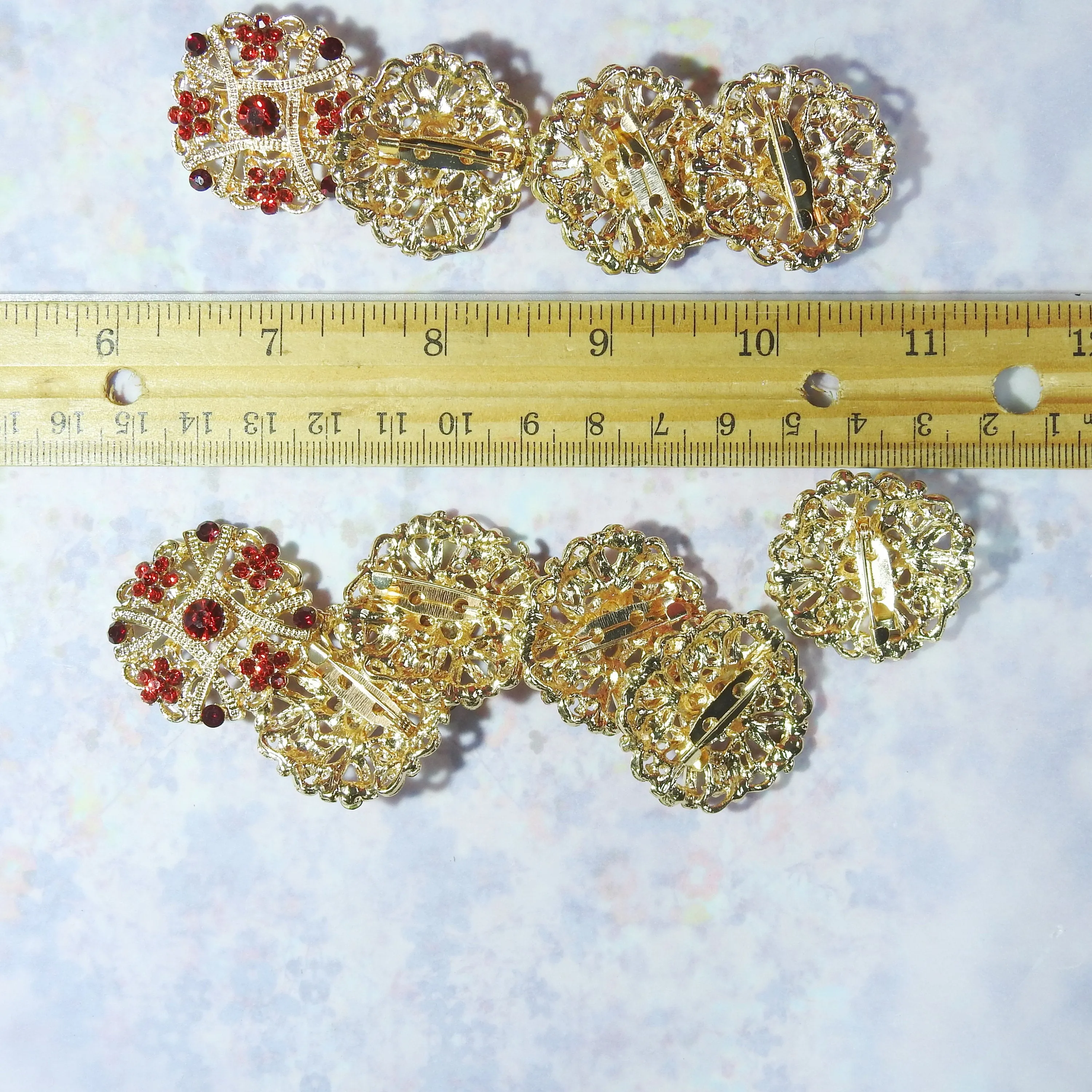 Lovely Set of 10 Red and Gold Brooches: Ideal for Jeweled Bouquets