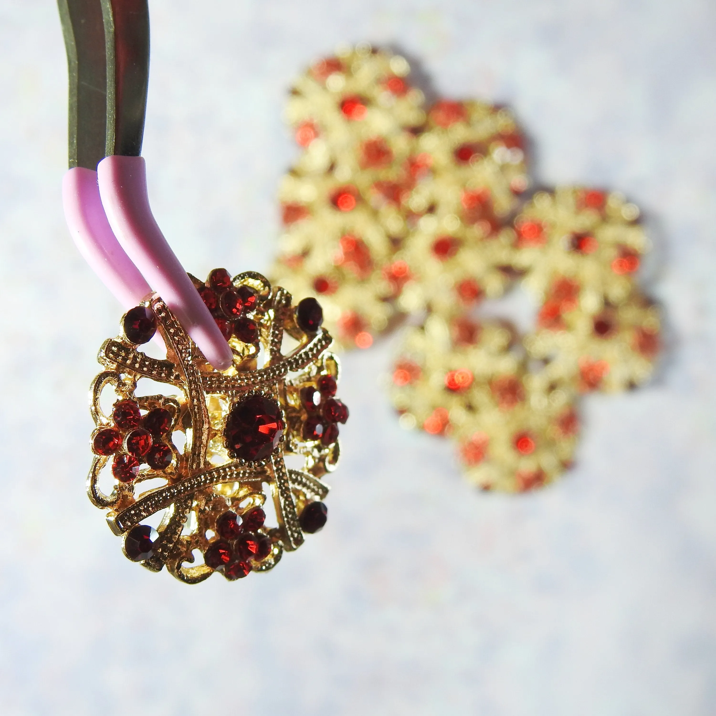 Lovely Set of 10 Red and Gold Brooches: Ideal for Jeweled Bouquets