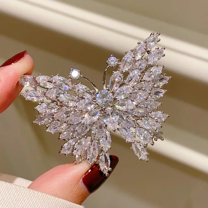 Luxury Silver-tone Marquise Shaped CZ Butterfly Brooches Pin Sparkles Insect Jewelry