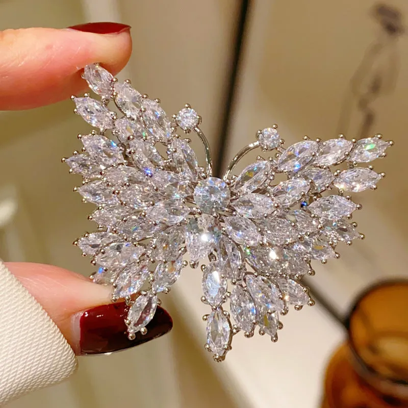 Luxury Silver-tone Marquise Shaped CZ Butterfly Brooches Pin Sparkles Insect Jewelry