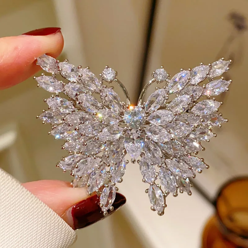 Luxury Silver-tone Marquise Shaped CZ Butterfly Brooches Pin Sparkles Insect Jewelry