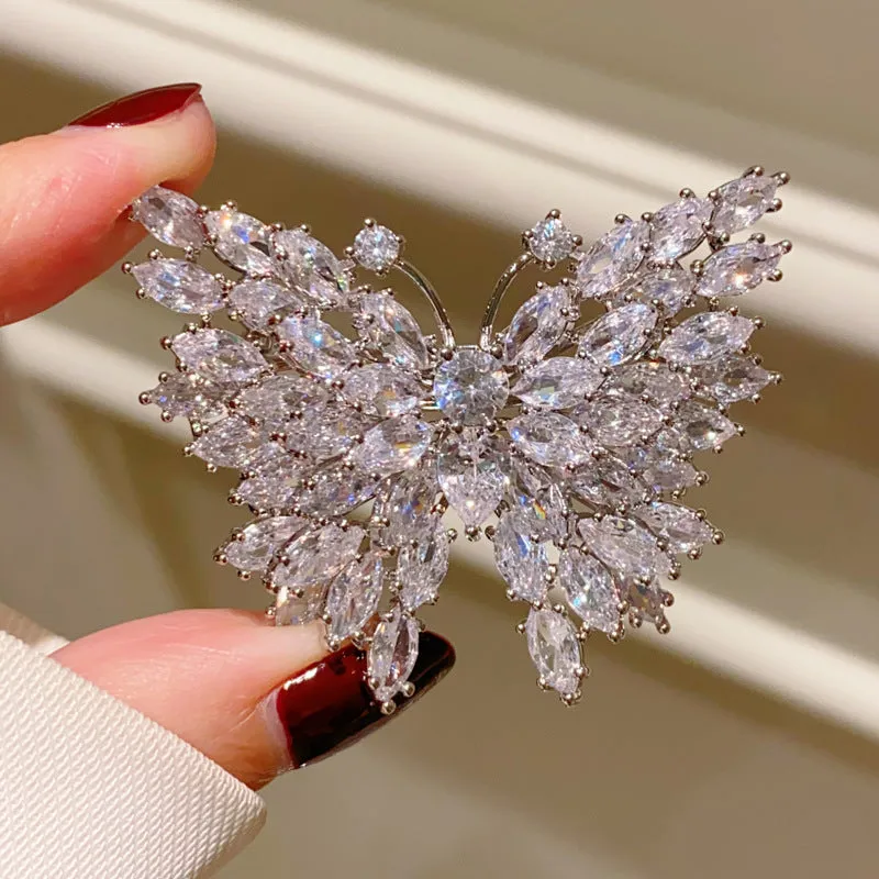 Luxury Silver-tone Marquise Shaped CZ Butterfly Brooches Pin Sparkles Insect Jewelry