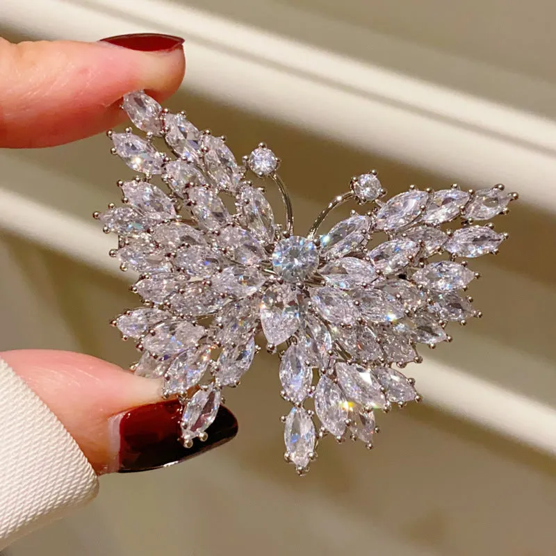 Luxury Silver-tone Marquise Shaped CZ Butterfly Brooches Pin Sparkles Insect Jewelry