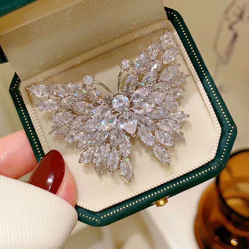 Luxury Silver-tone Marquise Shaped CZ Butterfly Brooches Pin Sparkles Insect Jewelry