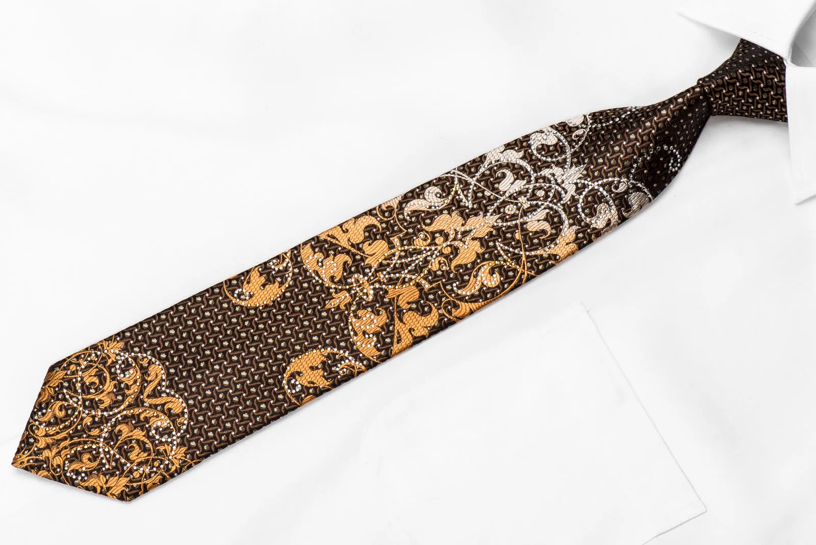 M Story Men's Crystal Silk Necktie Silver Orange Damask On Black With Sparkles