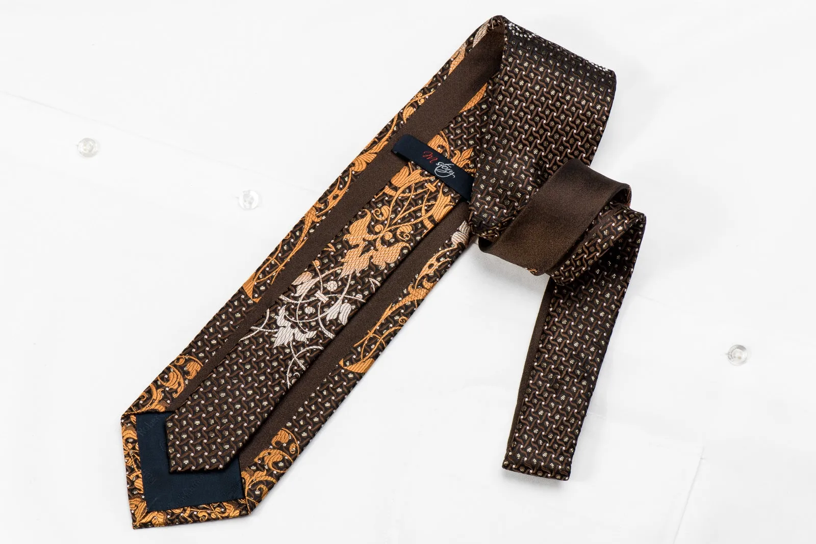 M Story Men's Crystal Silk Necktie Silver Orange Damask On Black With Sparkles
