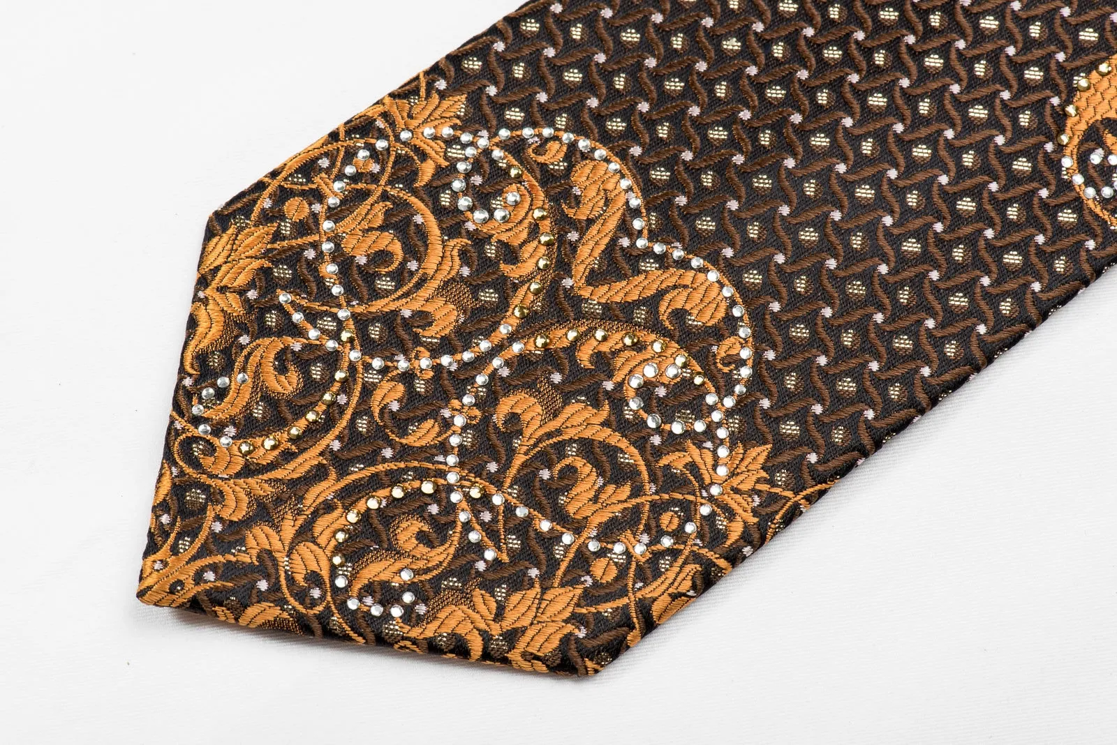 M Story Men's Crystal Silk Necktie Silver Orange Damask On Black With Sparkles