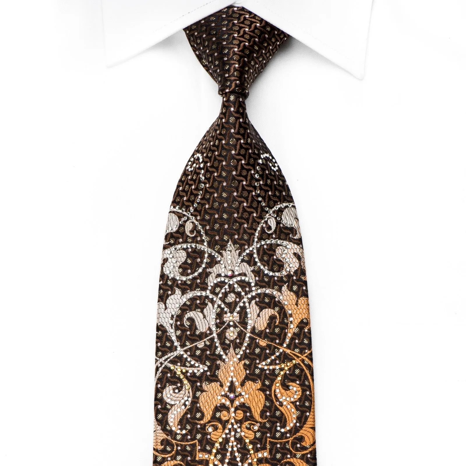 M Story Men's Crystal Silk Necktie Silver Orange Damask On Black With Sparkles