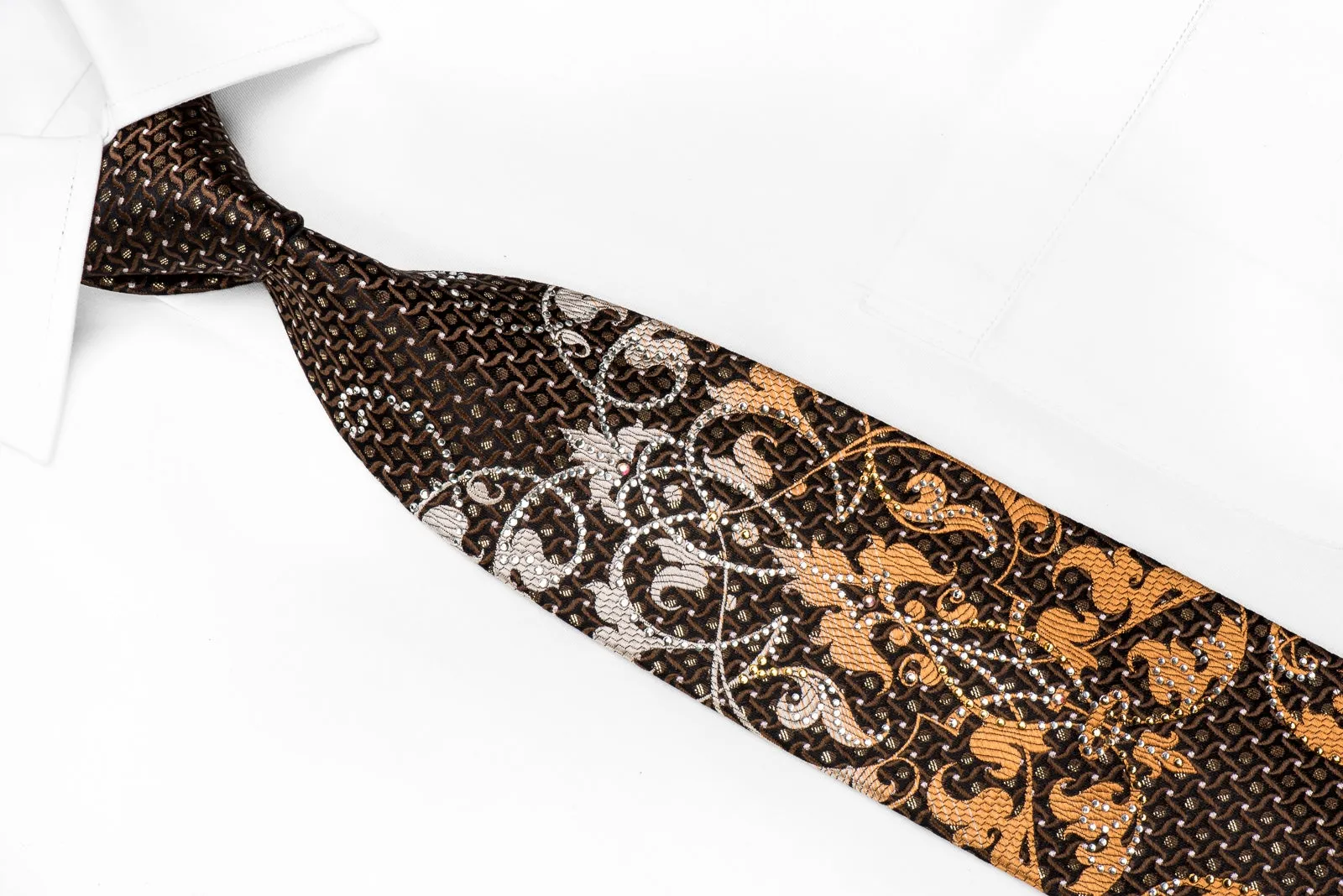 M Story Men's Crystal Silk Necktie Silver Orange Damask On Black With Sparkles